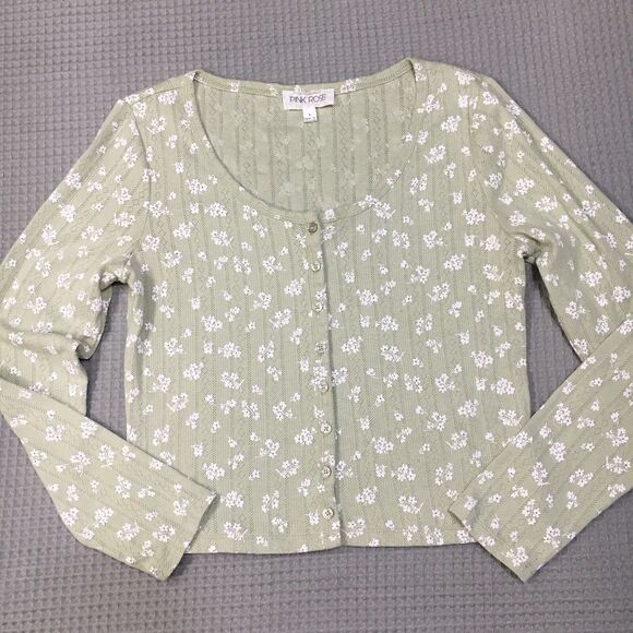 Pink Rose Shirt Large Sage Ditsy Floral Button up Crop Pointelle Y2K Boho - Picture 1 of 8